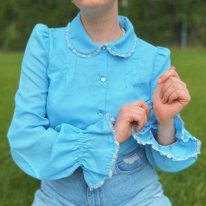 Handspun Blue Prairie Frill Sleeve Button Down Blouse